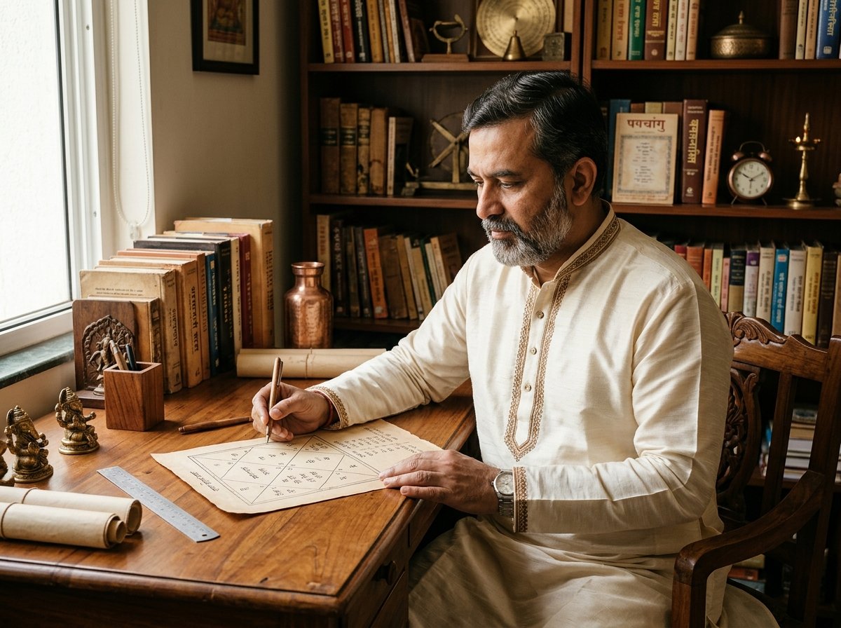 Professional consulting Vedic astrologer at consultation desk