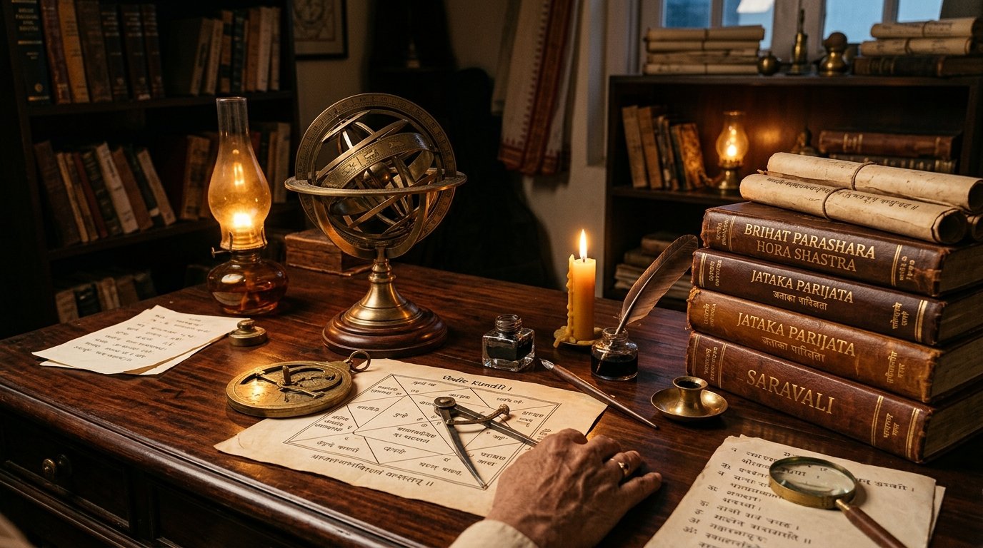 Classical Vedic astrology study desk with armillary sphere, Brihat Parashara Hora Shastra, Jataka Parijata, Saravali, and Kundli chart