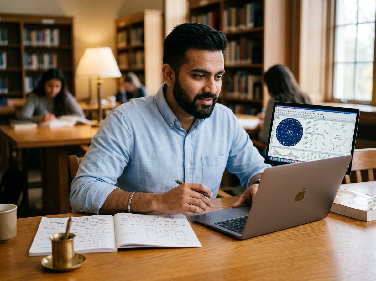 Astrology student learning Vedic chart calculation on laptop