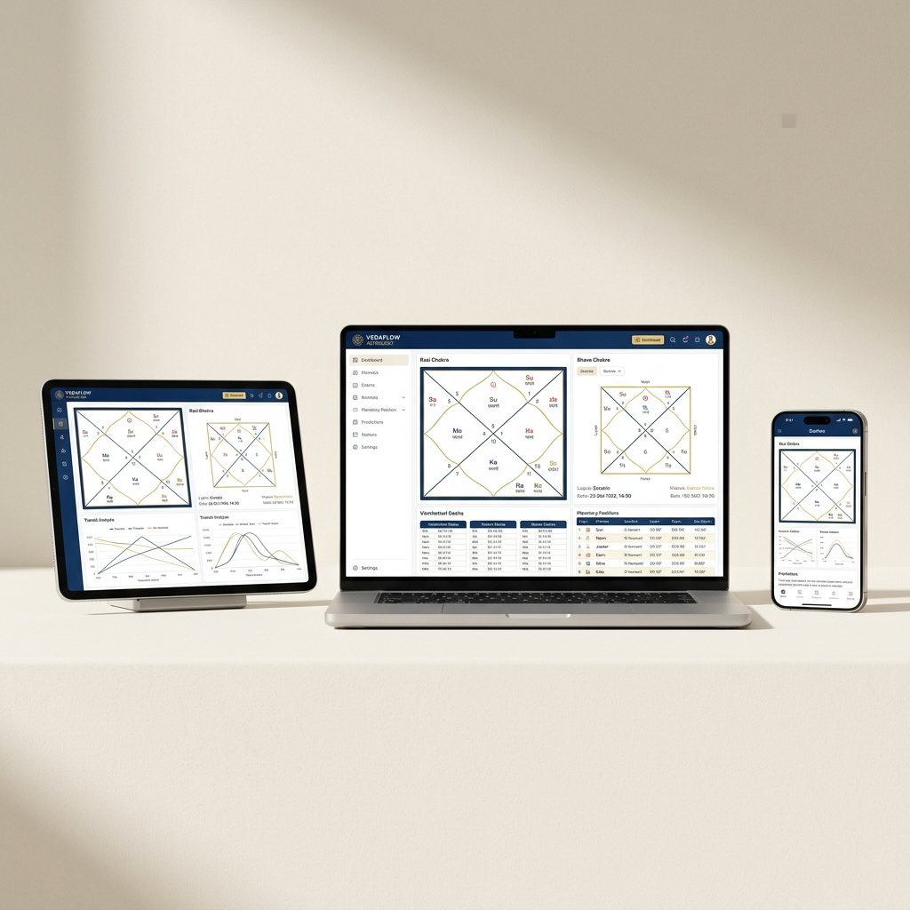 KundliPlus responsive access across laptop, iPad tablet, and smartphone